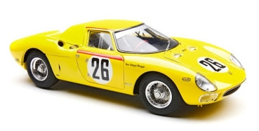Yellow 1:18 scale 1965 Ferrari 250 LM diecast model car with race number 26, front view