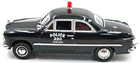 1:43 scale black 1949 Ford Custom diecast model car, police design with red siren, side view