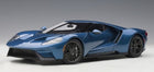 1:18 scale diecast model car of 2017 Ford GT in liquid blue, detailed front view