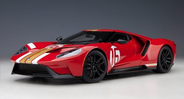 1:18 scale red Ford GT 2022 Alan Mann diecast model car with racing stripes and number 16