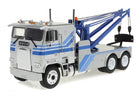 1:43 scale silver and blue Freightliner FLA 9664 tow truck diecast model front view