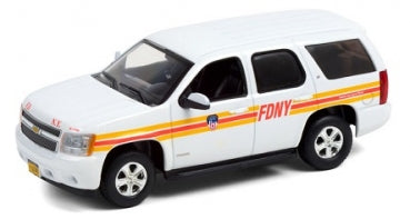 1:24 scale FDNY Chevrolet Tahoe diecast model car, white with yellow and red stripes