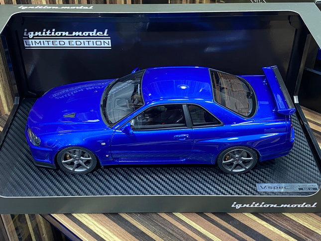 Ignition Model 1:18 Nissan Skyline GT-R R34 2Doors Blue Resin - studio product photo of the scale model