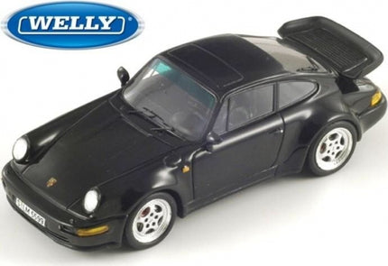 Black Porsche diecast model car 1:18 scale by Welly with rear spoiler and silver wheels
