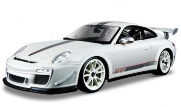 White Porsche 911 GT3 RS 4.0 diecast model car with rear wing and racing stripes.