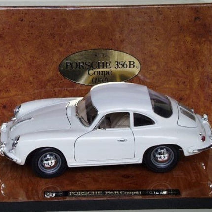 1:18 scale diecast model of a white Porsche 356B Coupe displayed on a wooden stand.