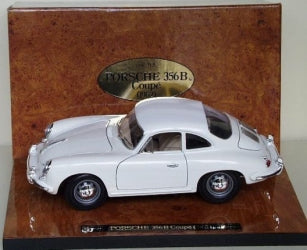 White Porsche 356B 1:18 scale diecast model car on display stand with brown backdrop.