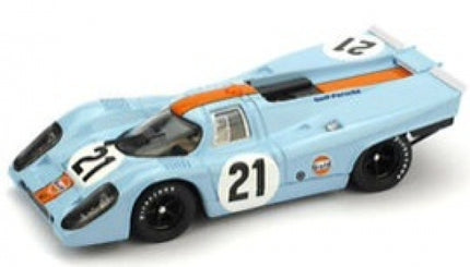 Light blue 1:18 scale diecast model race car with black wheels and number 21 decals