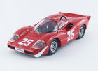 Red diecast Abarth racing model car with number 25, 1:18 scale, on white background