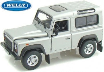 Silver diecast Land Rover Defender 1:18 scale model car by Welly, detailed exterior and interior.