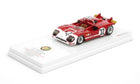 Red and white diecast model race car number 32 on display base, 1:18 scale collectible.