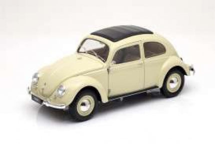 1:18 scale cream diecast classic car model with black roof on white background