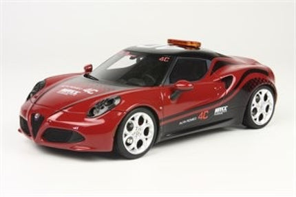 Red Alfa Romeo 4C diecast model car with sporty decals and a roof light bar, 1:18 scale.