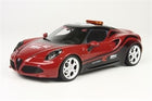 Red Alfa Romeo 4C diecast model car with sporty decals and a roof light bar, 1:18 scale.