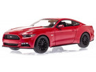 1:18 scale red diecast Ford Mustang model car with black wheels on white background
