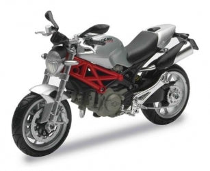 1:18 scale diecast Ducati motorcycle model with silver body and red frame
