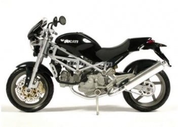 1:18 scale black Ducati diecast model motorcycle, detailed frame and wheels, side view