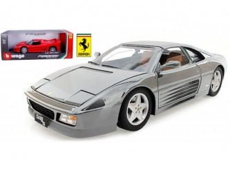 1:18 scale diecast Ferrari model car in silver with original box and logo visible