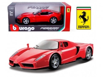 Red Ferrari diecast model car 1:24 scale with box and logo, collectible toy vehicle.