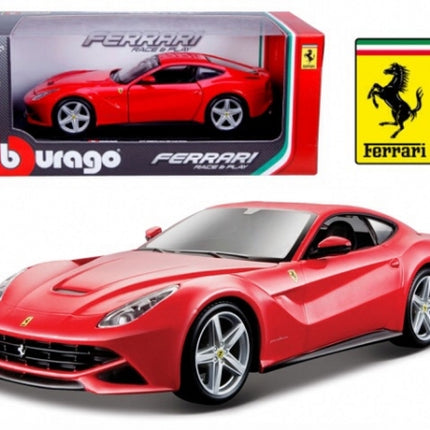 Red Ferrari diecast model car 1:18 scale by Bburago with branded box and Ferrari logo