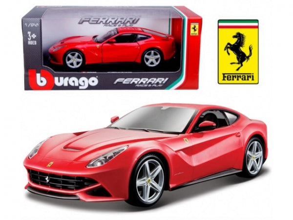 Red Ferrari diecast model car 1:18 scale by Bburago with branded box and Ferrari logo
