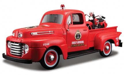 1:18 scale red diecast fire department pickup truck with Harley-Davidson logo and motorcycle