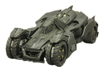 Diecast Batmobile model car in black, 1:18 scale, with detailed tires and angular body design