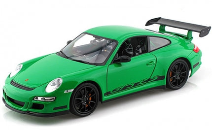 Green Porsche diecast model car 1:18 scale with black wheels and rear spoiler