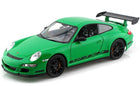 Green Porsche diecast model car 1:18 scale with black wheels and rear spoiler