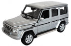 Silver diecast Mercedes-Benz G-Class model car 1:24 scale, detailed SUV collectible