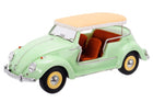 1:18 scale diecast Volkswagen Beetle convertible model car in light green with tan canopy