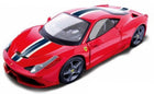 Red diecast Ferrari model car 1:18 scale with racing stripes, detailed exterior, collectible toy.