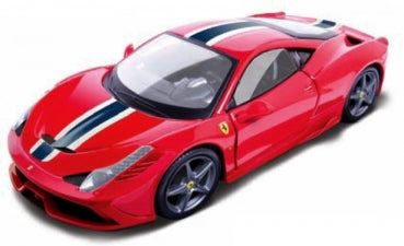 Red diecast Ferrari model car 1:18 scale with racing stripes, detailed exterior, collector display