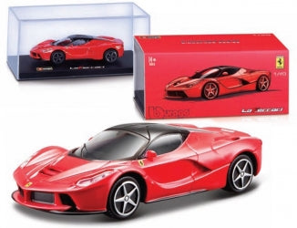 Red diecast Ferrari LaFerrari 1:18 scale model car with display case and box.
