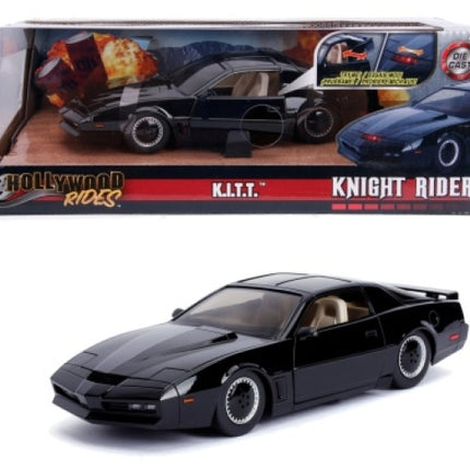 Diecast 1:24 scale Knight Rider KITT model car in black, with box packaging visible.