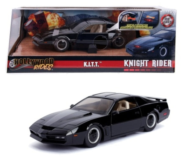 Diecast 1:24 scale Knight Rider KITT model car in black, with box packaging visible.