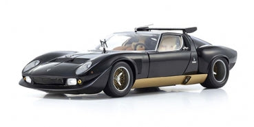 1:18 scale black and gold Lamborghini Miura SVR diecast model car, front side view