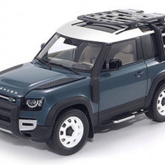 1:18 scale Tasman Blue Land Rover Defender 90 diecast model SUV, front angle view