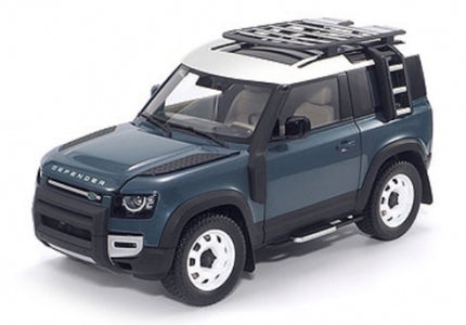 1:18 scale Tasman Blue Land Rover Defender 90 diecast model SUV, front angle view