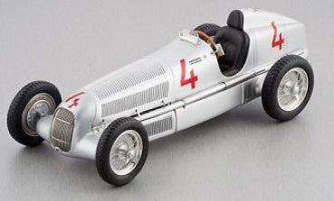 1:18 scale silver vintage race car diecast model with number 4, detailed wheels and cockpit