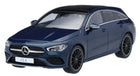 1:43 scale diecast Mercedes-Benz CLA AMG model car in denim blue, front view