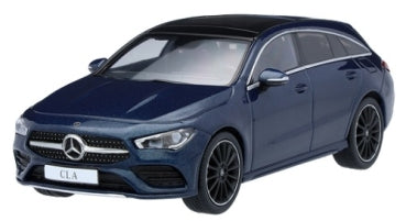 1:43 scale denim blue Mercedes-Benz CLA AMG diecast model car with black roof and silver detailing