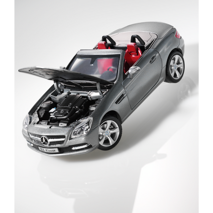 Minichamps Mercedes-Benz SLK R172 2011 Palladium Silver Metallic 1:18 scale model car with the bonnet opened, official Mercedes-Benz product photo, article B66960512