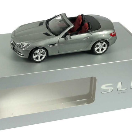 Minichamps Mercedes-Benz SLK R172 2011 Palladium Silver Metallic 1:18 scale model car with its Mercedes-Benz SLK presentation box
