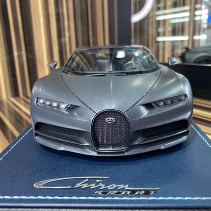 Bugatti Chiron Sport 1:18 Carbon Resin Diecast Model Car by MR - studio product photo of the scale model