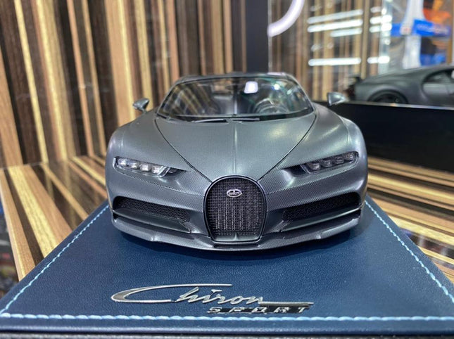 Bugatti Chiron Sport 1:18 Carbon Resin Diecast Model Car by MR - studio product photo of the scale model