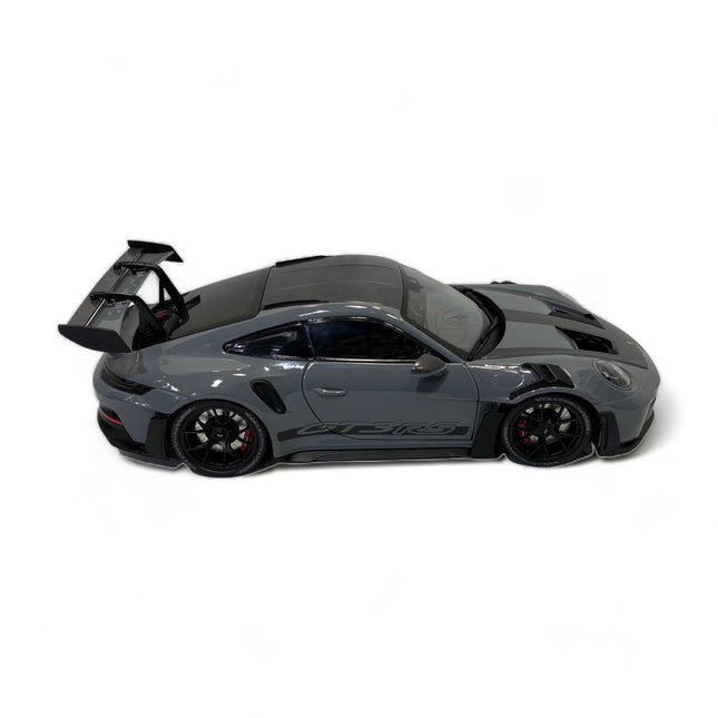 Minichamps 1/18 Porsche 911 GT3 RS Diecast Model Car Grey/Carbon - studio product photo of the scale model