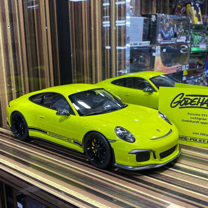 Minichamps Porsche 911 R 2016 1/12 Diecast Model Car Acid Green - studio product photo of the scale model
