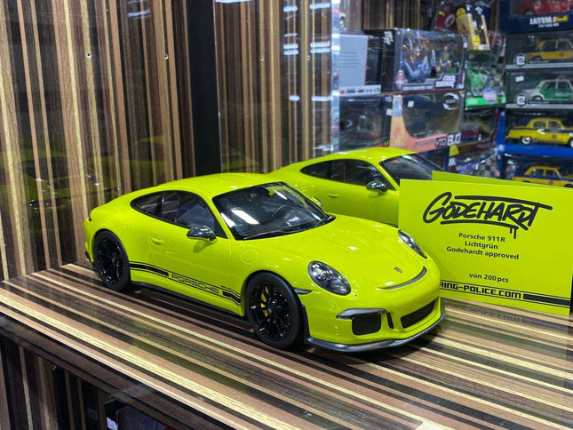 Minichamps Porsche 911 R 2016 1/12 Diecast Model Car Acid Green - studio product photo of the scale model