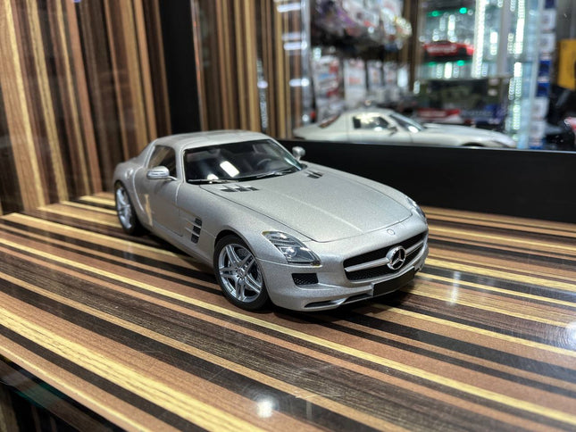 Minichamps Mercedes-Benz SLS 1/18 Diecast Model Matt Silver - studio product photo of the scale model